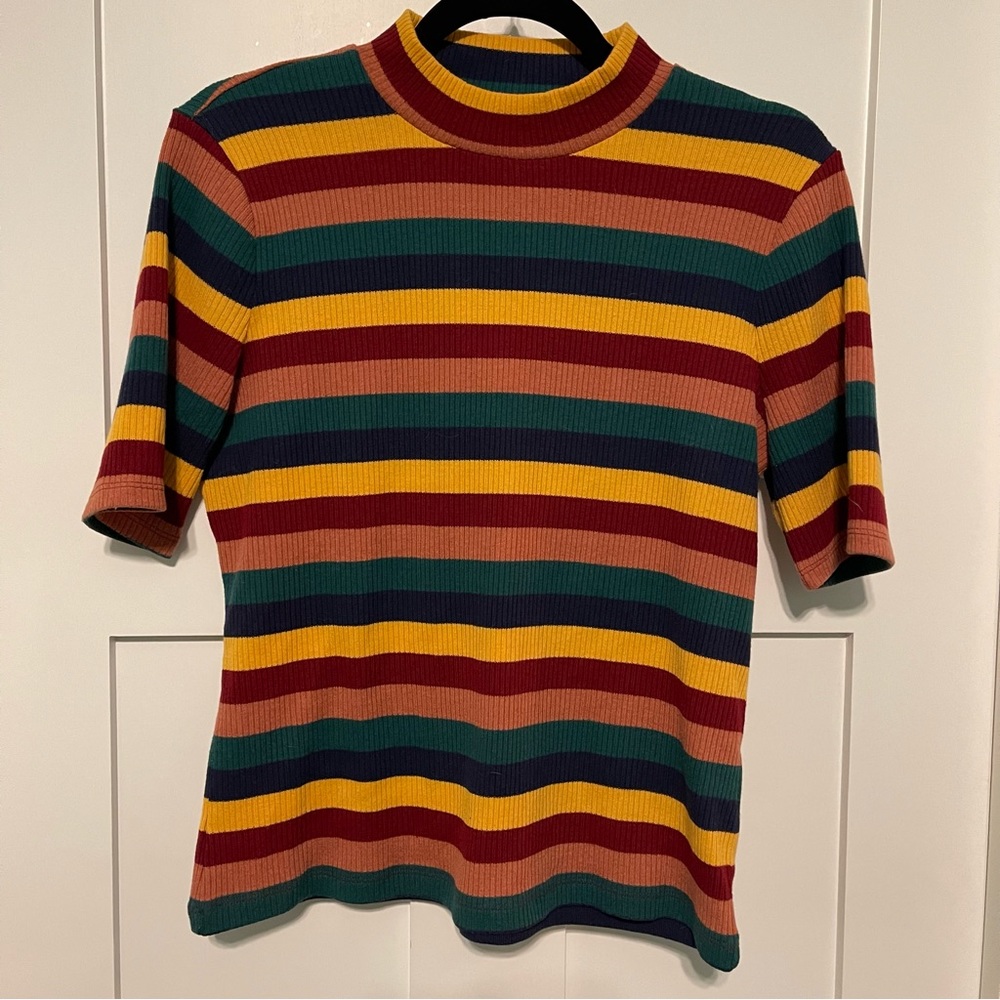 Madewell size large multicolored striped cropped ribbed shirt sleeve shirt!
